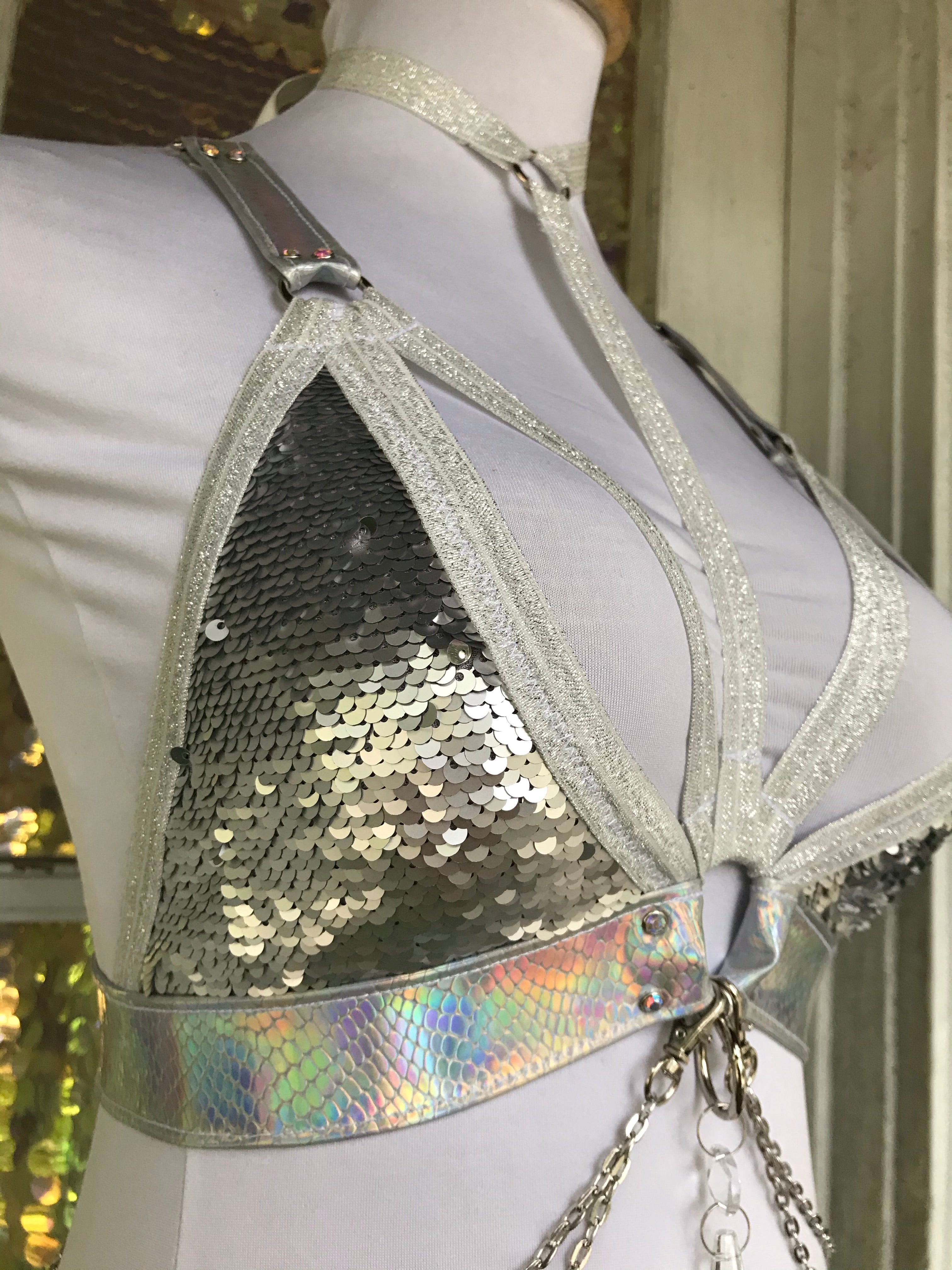 Silver Holo Convertible Harness Triangle Top - S/M