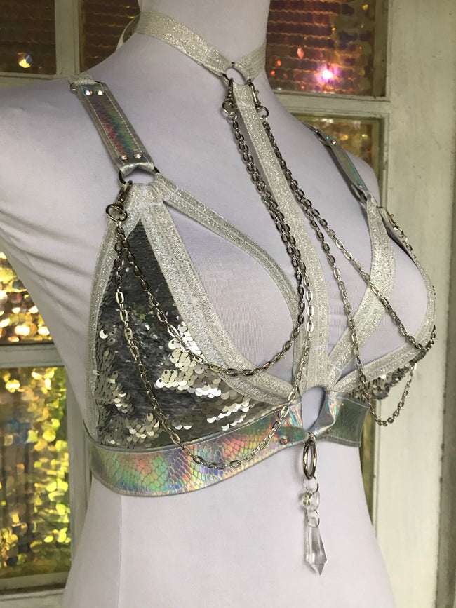 Silver Holo Convertible Harness Triangle Top - S/M